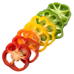 Red Yellow Green Bell Peppers Sliced and Arranged, Isolated on White Background,
Colorful Sliced Bell Pepper Rings, Fresh Vegetable Variety Design Concept