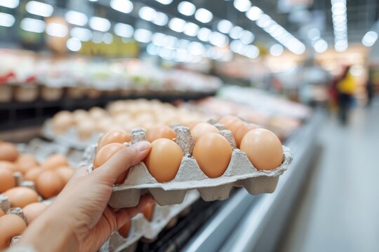 Customer choosing eggs in supermarket shelves. Hands holding carton of fresh chicken eggs in a grocery store or market setting. Organic farm produce, healthy nutrition, food store shopping. Purchase.