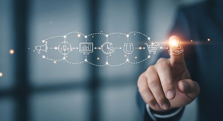 Finger touching a glowing digital network interface