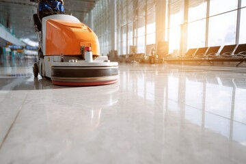 Close-up sweeper scrubber machine cleaning. Concept clean airport from debris. Industry machine with AI and camera. Automatic electric robot cleaner mopping of floor in commercial shop mall. Banner