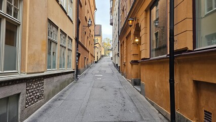 Streets and houses in the center of the old town in Stockholm, Sweden.