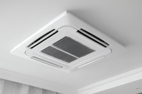 Ceiling Cassette Type DC Air Conditioner. Industrial Machinery. Refrigeration and Heat Exchange Equipment. Modern Central Air Conditioning System Chilled Water. Mounted square shape HVAC fan coil unit
