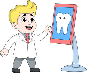 Dentist Character Explaining Tooth on Screen Online Dental Care Vector Illustration