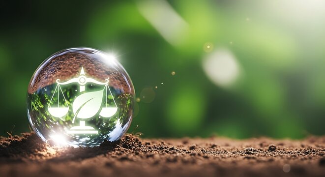 Crystal ball with scales of justice and leaf on soil