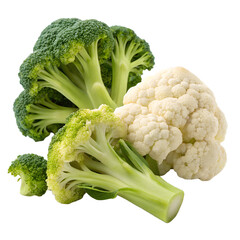 Fresh Broccoli and Cauliflower Florets Cut and Isolated on White Background,Healthy Green Broccoli and White Cauliflower Pieces, Fresh Vegetable Concept