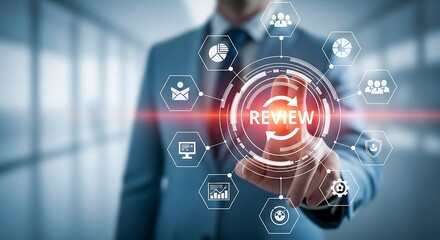 Businessman touching a futuristic interface with review and business icons