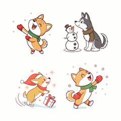 Cute cartoon dogs enjoying winter activities and snow