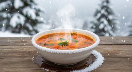A bowl of hot soup with steam rising, set on a wooden table with a snowy background.