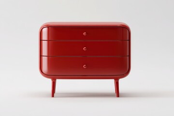 Red vintage chest of drawers on a light beige gray wall background. Retro furniture. Vintage sideboard png mockup in mid century modern design. Sleek aesthetic style. Three Drawer Dresser