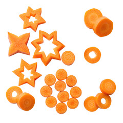 Carrot Cut into Artistic Shapes Stars Rings Cubes, Isolated on White Background,Creative Carrot Pieces in Fun Geometric Shapes, Fresh Vegetable Design Concept