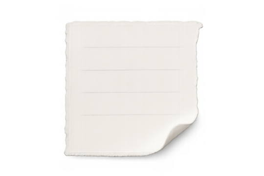Torn line paper sheet for notes and reminders, empty blank paper with curled corner on transparent background
