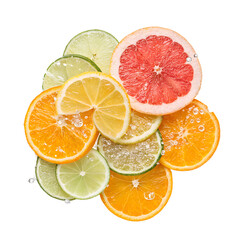 Citrus Explosion with Lemon Orange Grapefruit Lime Slices Overlapping, Bright Fresh Summer Composition Isolated on White Background,Colorful Citrus Slice Circle with Water Droplets, Fresh Fruit Design