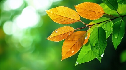 Autumnal Transition Golden Leaves Adorned with Dewdrops Against a Verdant Backdrop.