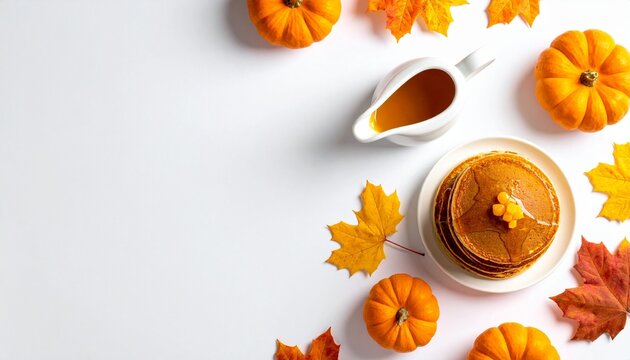 Stack of Pancakes with Butter Surrounded by Pumpkins Autumn Leaves and Syrup Pitcher on White Background Symbolizing Seasonal Comfort Festive Breakfast and Editorial Culinary Styling for Fall and Life