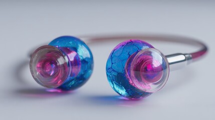 Intricate, iridescent glass beads form a captivating pair of earrings, showcasing a vibrant blend of teal and magenta.