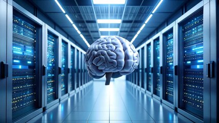 Artificial intelligence brain floating in a server room data center for machine learning concepts - Powered by Adobe