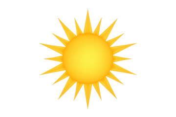 Yellow sun cartoon illustration radiating warmth and light, representing summer, solar energy, and bright weather on transparent background