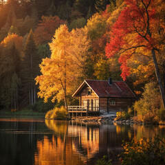 Wooden house in the golden autumn forest landscape