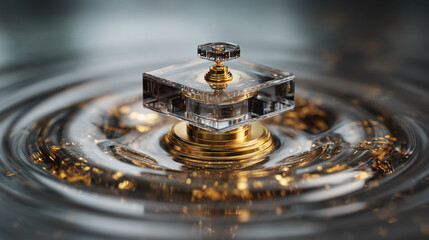 A quantum chip levitates above a magnetic surface, glowing with soft neon highlights. Hyperrealistic rendering emphasizes futuristic technology, precision engineering, and advanced computing concepts.