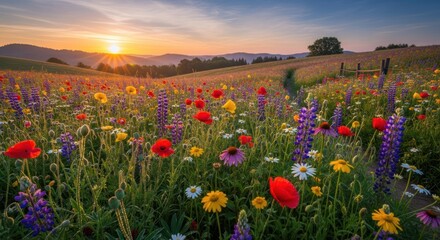 Obraz premium A vibrant field of wildflowers with a sunset in the background.