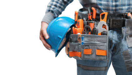 Worker holds safety helmet and tool belt