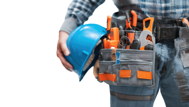 Worker holds safety helmet and tool belt