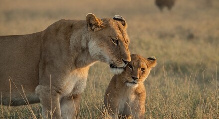 Fototapeta premium Lioness and cub in affectionate moment, wild motherhood and family love