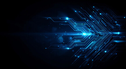 A blue and white image of a computer chip with a bright light shining on it