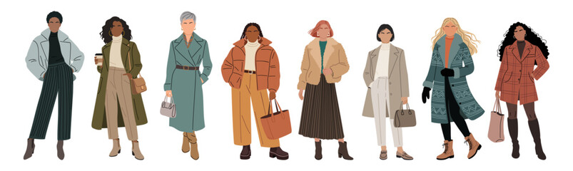 Set of diverse women in fall and winter fashion. Minimalist flat style with muted tones of teal, olive, rust, and beige. Modern vector illustration  isolated on transparent background.