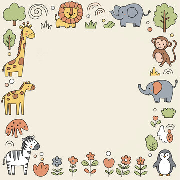 A cute hand-drawn frame featuring various safari animals and nature elements in a doodle style.