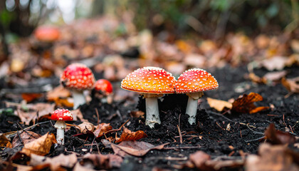 Group of red and white spotted fly agaric mushrooms growing on forest soil, dry brown autumn leaves