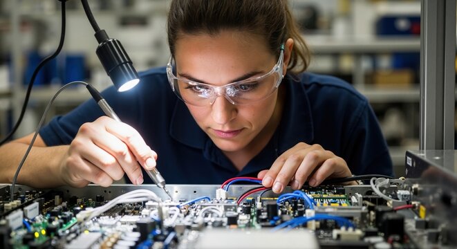 Female technician working on an electronic circuit board. Skilled engineer soldering components with precision in a factory