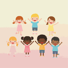 Obraz premium Seven diverse cartoon children smiling and raising their arms, standing on a light pink and beige background.