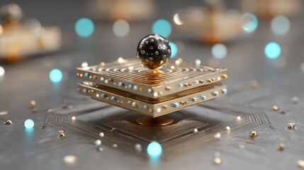 A quantum chip levitates above a magnetic surface, glowing with soft neon highlights. Hyperrealistic rendering emphasizes futuristic technology, precision engineering, and advanced computing concepts.