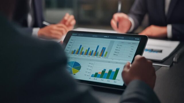 High resolution video of digital tablet displaying data charts and graphs in business meeting setting representing analytics growth and technology perfect for financial branding and corporate visuals - Powered by Adobe