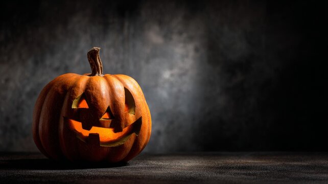 Glowing jack o'lantern halloween pumpkin with carved face on black background creating spooky festive atmosphere for autumn and halloween celebrations - Powered by Adobe