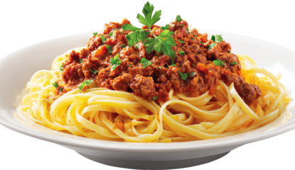 Plate of pasta with meat sauce.  Fresh, hearty dish of spaghetti with a rich, red meat sauce. Topped with fresh herbs