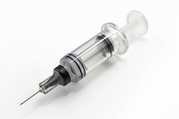Medical Syringe close-up: A detailed view of a sterile medical syringe, highlighting the needle and plunger, ready for administering medication. Capturing clinical precision and health care