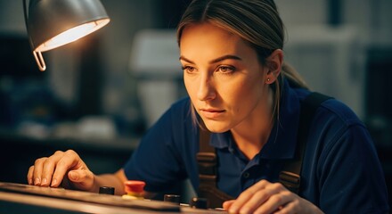 Focused female worker operating an industrial machine control panel. Young technician concentrating on her work in a factory under a bright lamp