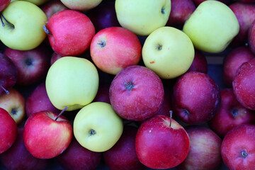 Fresh and appetizing apple presented at a an agricultural products fair. Selective focus. Photographed in natural light.