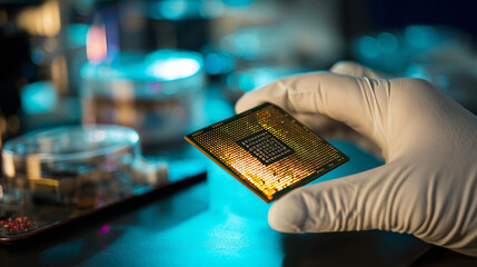 A person is holding a computer chip in a white glove