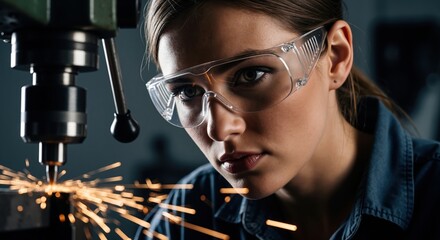 Close-up of a focused woman in safety glasses working on a drill press. Female industrial worker drilling metal with sparks flying. Skilled labor and manufacturing concept