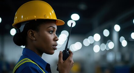 A professional African American female engineer wearing a hard hat and communicating on a walkie-talkie. Industrial worker or supervisor in a factory setting with bokeh lights in the background