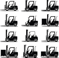 Forklift silhouette illustration set, black vector icons, warehouse equipment, industrial vehicle, cargo lifting, logistics machinery, pallet transport, storage operations, distribution