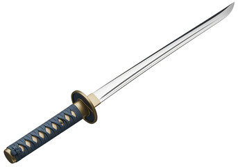 Sharp katana sword with textured handle displayed against a dark surface