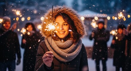 A woman holding a sparkler at a winter festival.