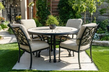 Obraz premium Empty wood table and chairs on the terrace, summer day. Elegantly set table at beautiful patio. Picnic table. Garden Outdoor furniture in the yard. Country cottage style landscape. Relaxing Setting