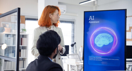 Multiethnic business and creative team collaborating meeting in modern office using AI assistant,...