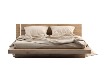 Beige linen bedding on a light-wood platform bed
