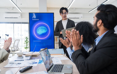 Multiethnic business and creative team collaborating meeting in modern office using AI assistant,...